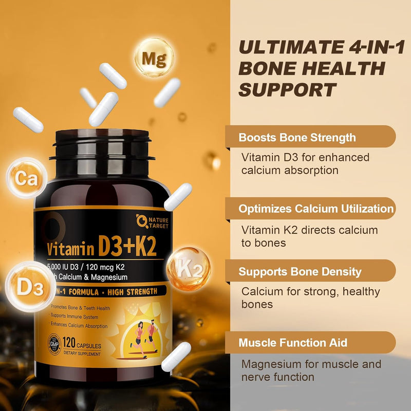 Nature Target 4-in-1 Vitamin D3 + K2, 120 Capsules Vitamin Peach Puff