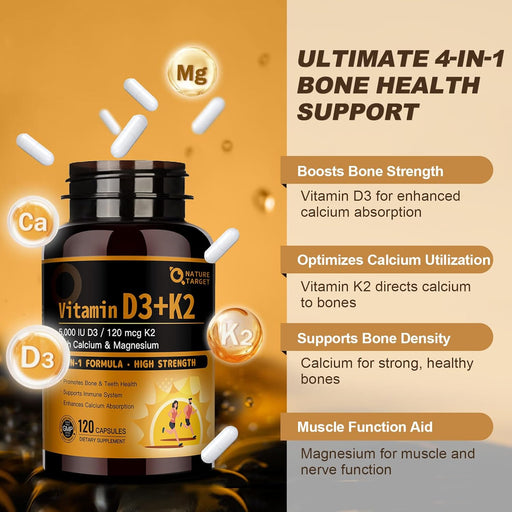 Nature Target 4-in-1 Vitamin D3 + K2, 120 Capsules Vitamin Peach Puff