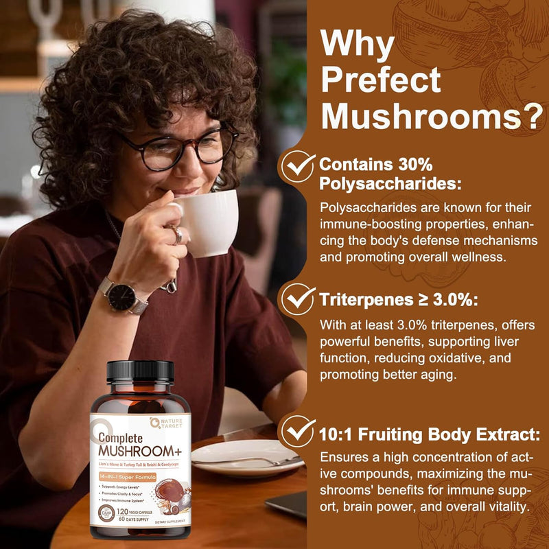 Nature Target 14-IN-1 Mushroom Complex with Lion's Mane, 120 Capsules Mushroom Saddle Brown