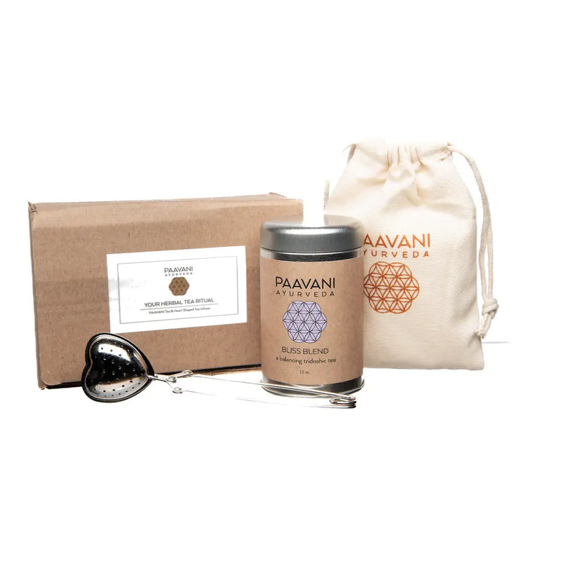 Paavani Ayurveda Your Herbal Tea Ritual | Organic Loose-Leaf Tea & Heart Infuser White Smoke Hydrate Blend / Tea Tin,Hydrate Blend / Compostable Refill,Cool & Calm Blend / Tea Tin,Cool & Calm Blend / Compostable Refill,Rooibos Chai Blend / Tea Tin,Rooibos Chai Blend / Compostable Refill,Bliss Blend / Tea Tin,Bliss Blend / Compostable Refill,Woman
