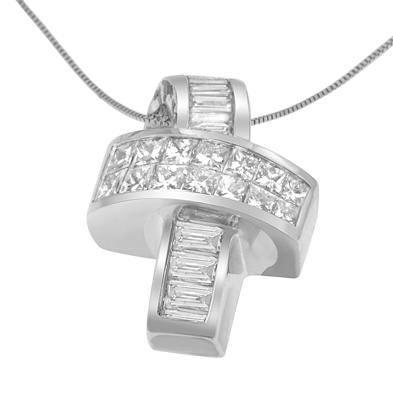 Bids.com 14K White Gold 2 cttw Princess and Baguette Cut Diamond Ribbon Pendant Necklace (H-I, SI-SI2) Necklaces White Smoke White.Gold / 18