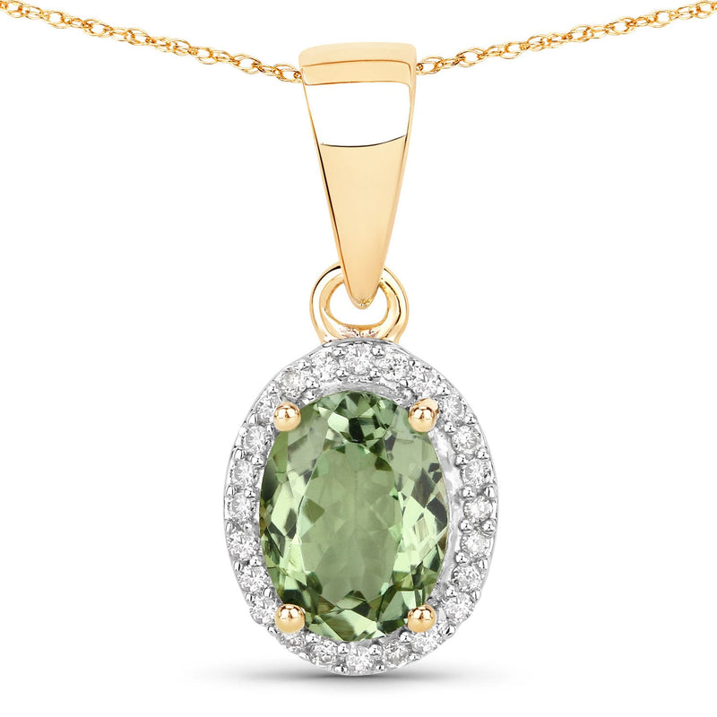 Bids.com 1.27 Carat Genuine Green Tourmaline and White Diamond 14K Yellow Gold Pendant Pendants White Smoke