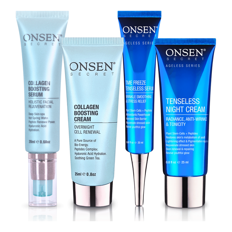 Onsen Secret Double Shift Facial Routine Skin Care Sets Dark Cyan 20ml Collagen Boosting Serum + 20ml Time-Freeze Tenseless Serum + 25ml Collagen Boosting Cream + 25ml Tenseless Night Cream
