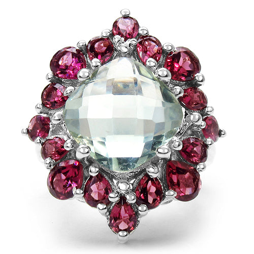 Bids.com 8.61 Carat Genuine Green Amethyst & Rhodolite .925 Sterling Silver Ring Rings White Smoke size 6.00,size 7.00,size 8.00,size 9.00,size 5.00,size 10.00