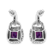 Bids.com .925 Sterling Silver 8MM Natural Cushion Shaped Amethyst and Diamond Accent Halo with Push Back Dangle Earrings (I-J Color, I2-I3 Clarity) Earrings White Smoke White.Sterling Silver / 0.08