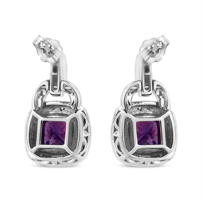 Bids.com .925 Sterling Silver 8MM Natural Cushion Shaped Amethyst and Diamond Accent Halo with Push Back Dangle Earrings (I-J Color, I2-I3 Clarity) Earrings White Smoke White.Sterling Silver / 0.08