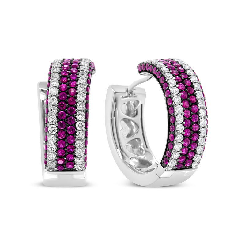 Bids.com 18K White Gold 1 7/8 Cttw Diamond and 1mm Round Red Ruby Open Swish Hoop Earrings (F-G Color, VS1-VS2 Clarity) Earrings White Smoke White.Gold / 1.85