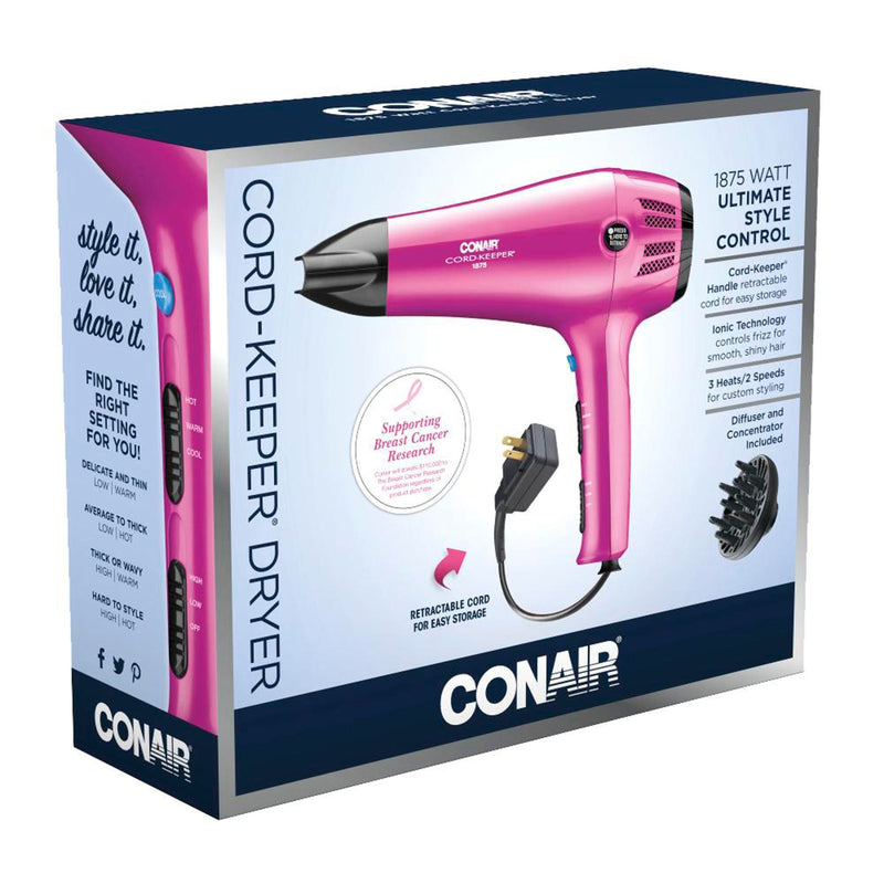 Conair Conair 209R Ionic Ceramic Cord Keeper Hair Dryer, Pink, 1875 Watts Hair Dryers White Smoke