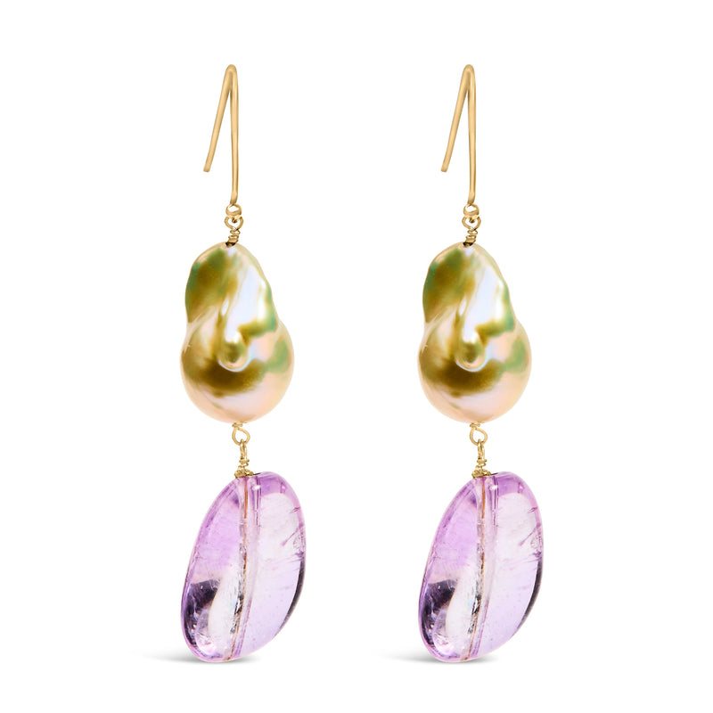 Bids.com 14K Yellow Gold Amethyst and Baroque Pearl Drop and Dangle Earrings 2" Inch Dangle Length Earrings White Smoke Yellow.Gold