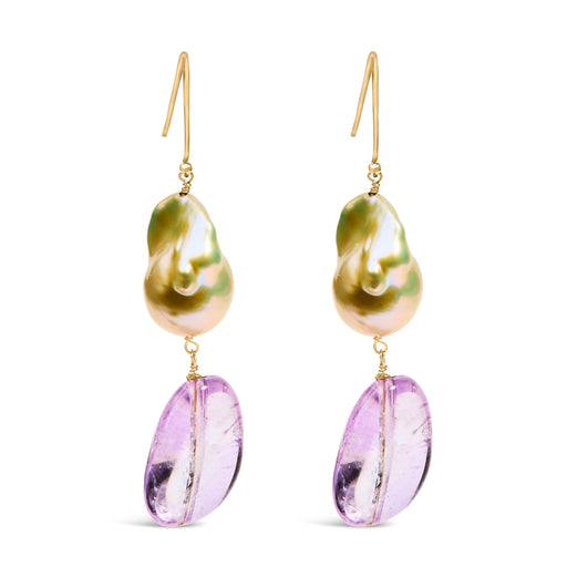 Bids.com 14K Yellow Gold Amethyst and Baroque Pearl Drop and Dangle Earrings 2" Inch Dangle Length Earrings White Smoke Yellow.Gold
