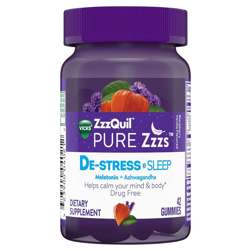 Vicks Vicks Pure Zzzs De-Stress & Sleep Melatonin + Ashwagandha Gummies - Blackberry Vanilla Health & Beauty White Smoke