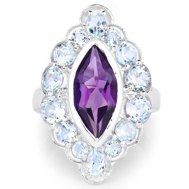 Bids.com 5.30 Carat Genuine Amethyst and Blue Topaz .925 Sterling Silver Ring Rings White Smoke size 6.00,size 7.00,size 8.00,size 9.00