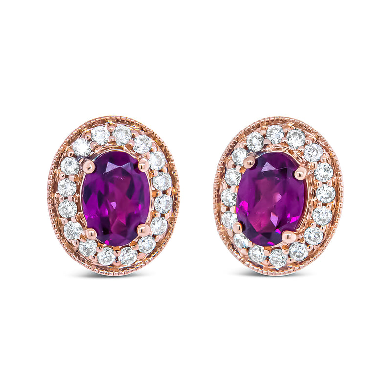 Bids.com 14K Rose Gold 7x5mm Oval Cut Garnet and 3/8 Cttw Round Diamond Halo Stud Earrings (G-H Color, SI1-SI2 Clarity) Earrings White Smoke Rose.Gold / 0.4
