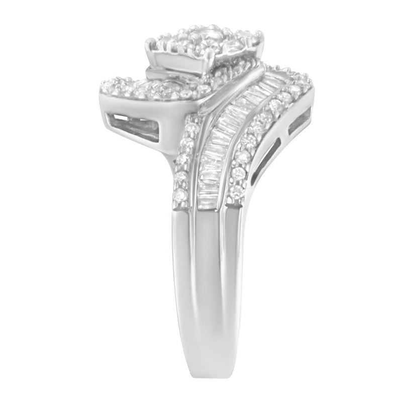 Bids.com 14K White Gold 1 Cttw Baguette and Round Diamond Floral Swirl Cluster Cocktail Ring Rings White Smoke 7 / White.Gold,7.25 / White.Gold,6.75 / White.Gold