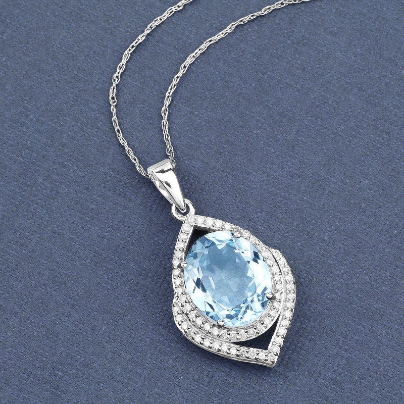 Bids.com 3.82 Carat Genuine Aquamarine and White Diamond 14K White Gold Pendant Pendants Dim Gray