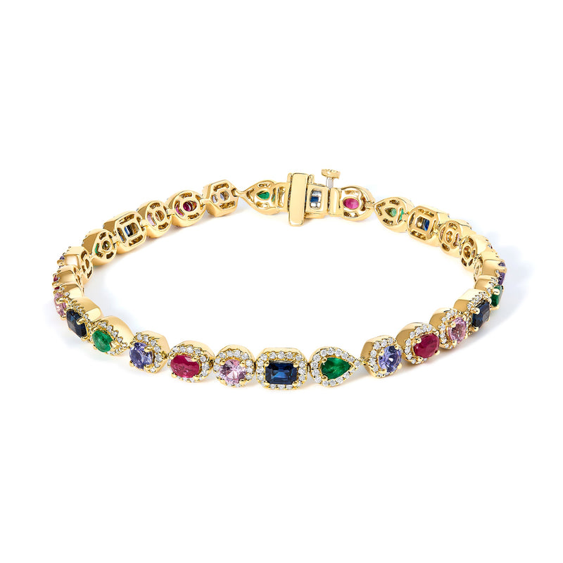 Bids.com 14K Yellow Gold Multi-Gemstone  and Diamond Halo Rainbow Tennis Bracelet Bracelets White Smoke Yellow.Gold / 7