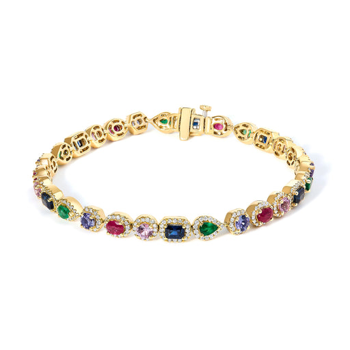 Bids.com 14K Yellow Gold Multi-Gemstone  and Diamond Halo Rainbow Tennis Bracelet Bracelets White Smoke Yellow.Gold / 7