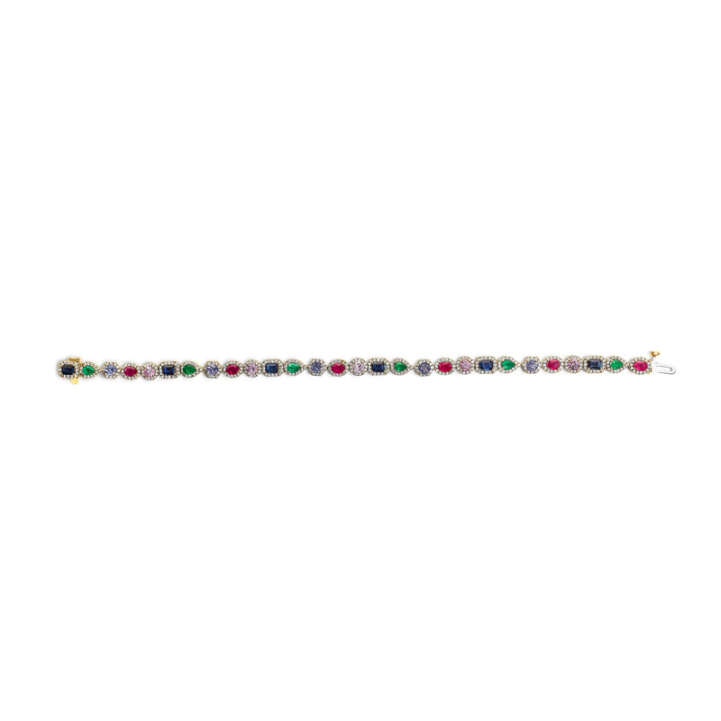 Bids.com 14K Yellow Gold Multi-Gemstone  and Diamond Halo Rainbow Tennis Bracelet Bracelets White Smoke Yellow.Gold / 7