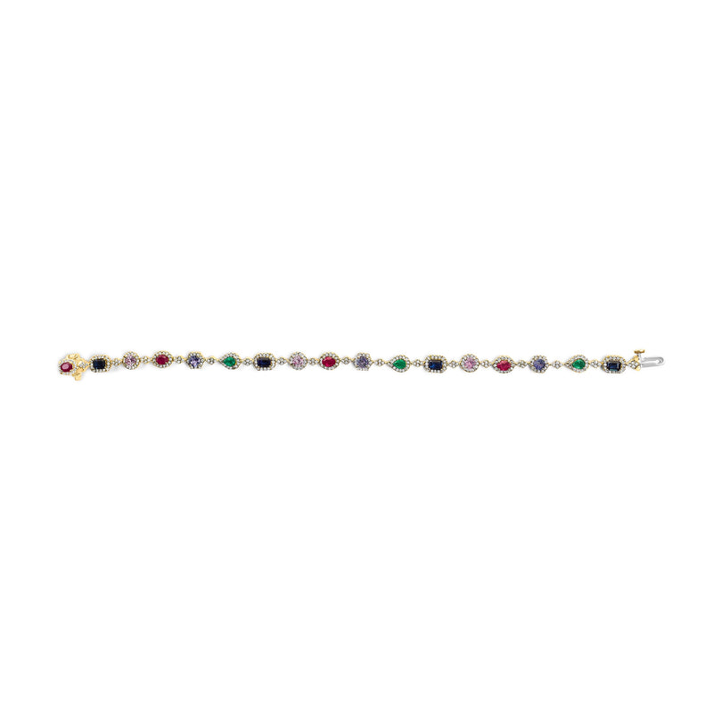 Bids.com 14K Yellow Gold Multi-Gemstone  and Diamond Halo Rainbow Link Bracelet Bracelets White Smoke Yellow.Gold / 7