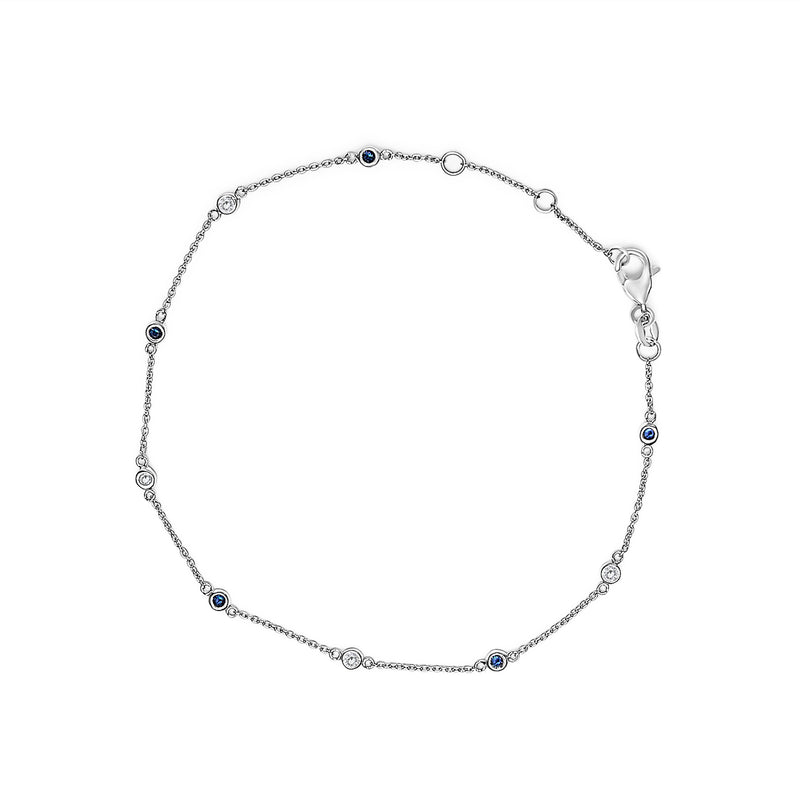 Bids.com 14K White Gold Alternating Blue Sapphire and White Diamond Bezel Station Chain Bracelet (I-J Color, SI2-I1 Clarity) - 8" Inches Bracelets White Smoke White.Gold / 8