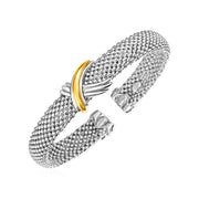 Bids.com Popcorn Texture Cuff Bangle with X Motif in Sterling Silver and 18k Yellow Gold Bracelets White Smoke Yellow Gold & Sterling Silver
