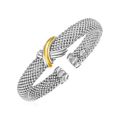 Bids.com Popcorn Texture Cuff Bangle with X Motif in Sterling Silver and 18k Yellow Gold Bracelets White Smoke Yellow Gold & Sterling Silver