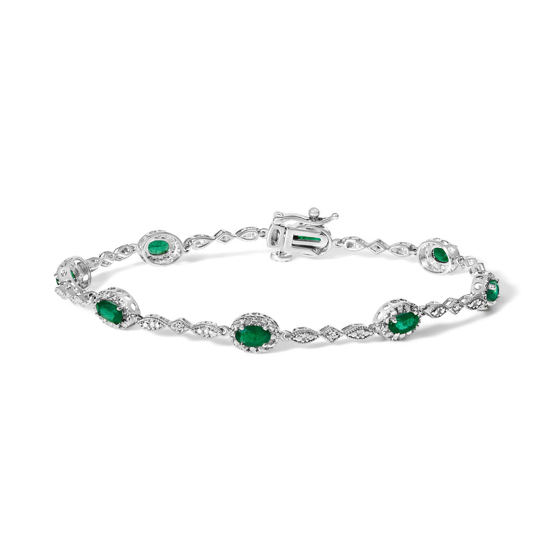 Bids.com 10K White Gold Oval Green Emerald & Diamond Alternating Link Bracelet Bracelets White Smoke White.Gold / 7