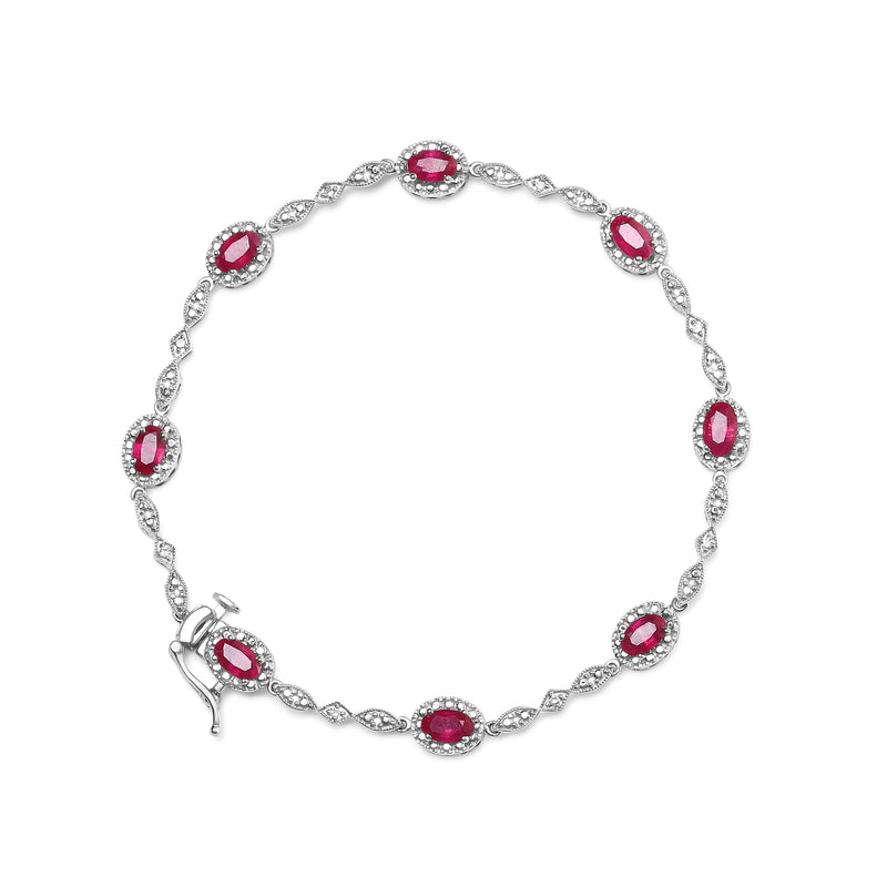 Bids.com 10K White Gold 4.5mm x 3mm Oval Ruby and Diamond Link Bracelet (H-I Color, SI1-SI2 Clarity)  - Size 7" Bracelets White Smoke White.Gold / 7