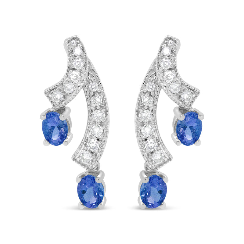 Bids.com 14K White Gold 4x3MM Oval Shaped Natural Blue Tanzanite Gemstone and 1/5 Cttw Diamond Double 3/4" Inch Drop Stud Earrings (H-I Color, VS1-VS2 Clarity) Earrings White Smoke White.Gold / 0.2