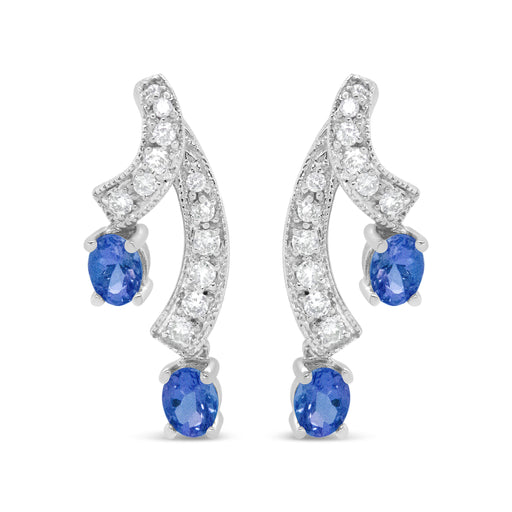 Bids.com 14K White Gold 4x3MM Oval Shaped Natural Blue Tanzanite Gemstone and 1/5 Cttw Diamond Double 3/4" Inch Drop Stud Earrings (H-I Color, VS1-VS2 Clarity) Earrings White Smoke White.Gold / 0.2