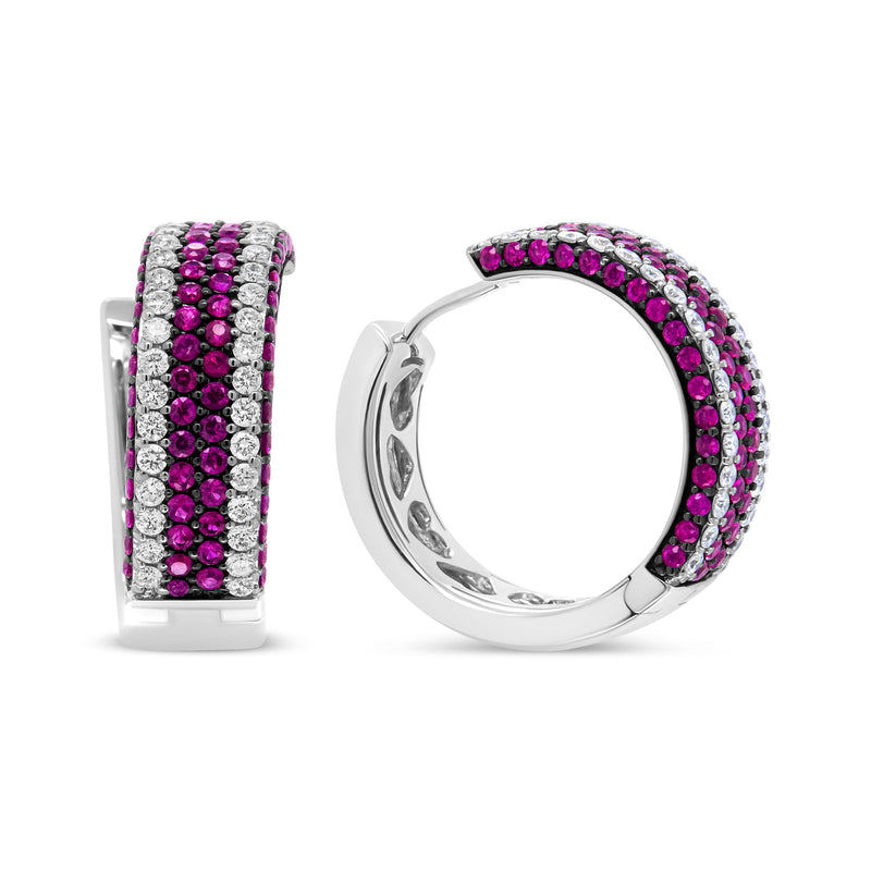 Bids.com 18K White Gold 1 7/8 Cttw Diamond and 1mm Round Red Ruby Open Swish Hoop Earrings (F-G Color, VS1-VS2 Clarity) Earrings White Smoke White.Gold / 1.85