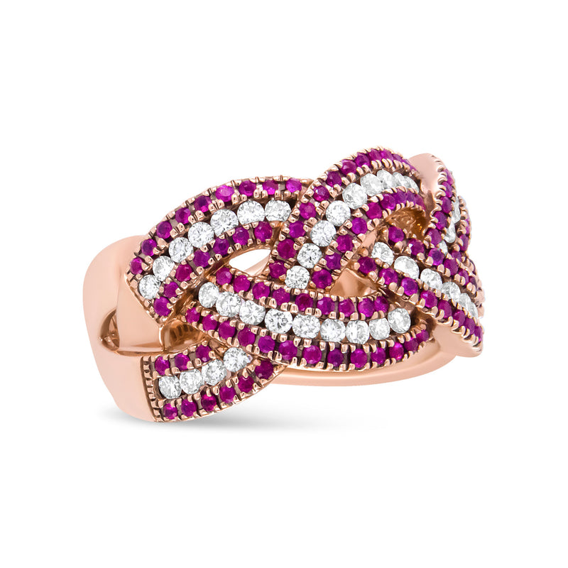 Bids.com 18K Rose Gold Red Ruby and 7/8 Cttw Diamond Woven Braided Band Ring (F-G Color, VS1-VS2 Clarity) - Ring Size 7 Rings White Smoke 7 / Rose.Gold
