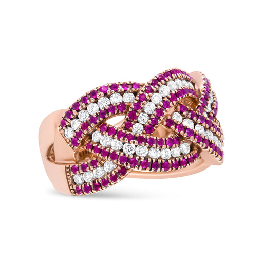 Bids.com 18K Rose Gold Red Ruby and 7/8 Cttw Diamond Woven Braided Band Ring (F-G Color, VS1-VS2 Clarity) - Ring Size 7 Rings White Smoke 7 / Rose.Gold