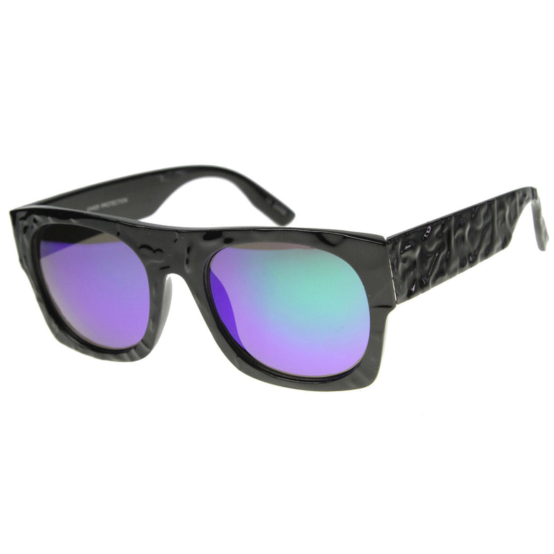 zeroUV Unique Textured Square Flat Top Sunglasses 9866 Sunglasses White Smoke Shiny Black Midnight