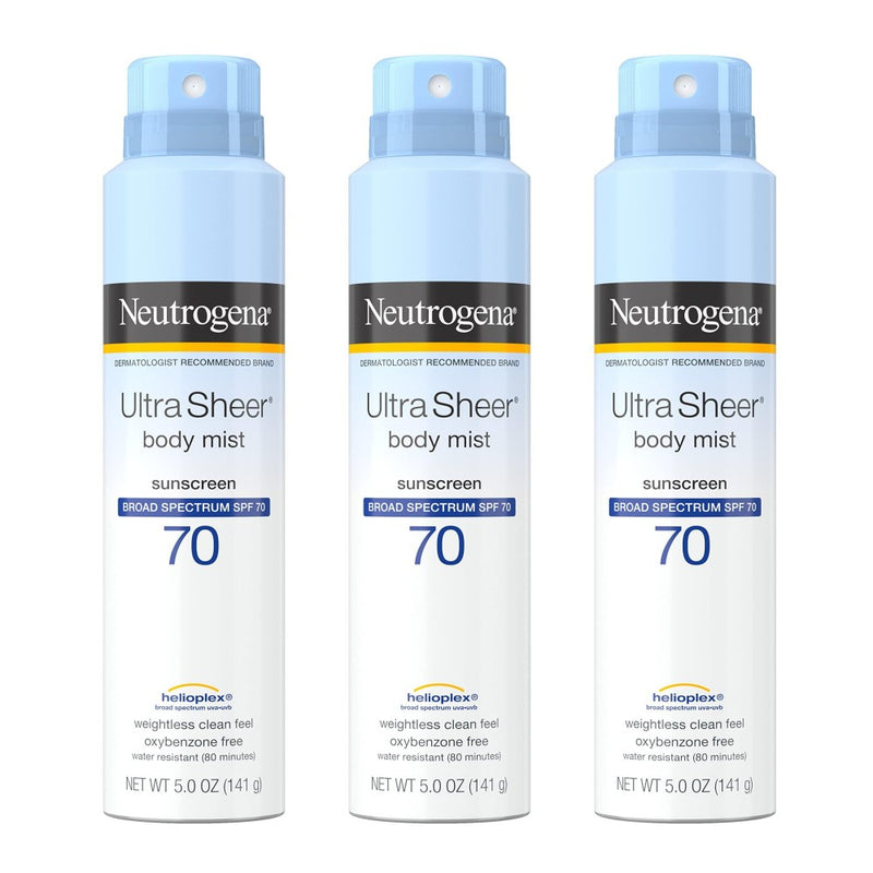 Neutrogena Neutrogena Ultra Sheer Body Mist Sunscreen Spray, Broad Spectrum SPF 70, Lightweight Spray Sunscreen, Non-Greasy & Water Resistant, Oil-Free & Non-Comedogenic U Sunscreen White Smoke