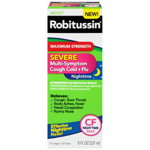 Robitussin Robitussin Maximum Strength Severe Multi-Symptom Cough Cold + Flu CF Nighttime Pain Reliever/Fever Reducer Liquid 8 Fl. Oz. Box Medicine & Drugs Black