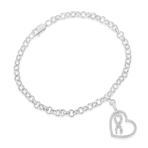 Bids.com .925 Sterling Silver 1/4 Cttw Diamond-Accented Heart and Ribbon Charm 7" Link Chain Bracelet (H-I Color, I1-I2 Clarity) Bracelets White Smoke White.Sterling Silver / 7