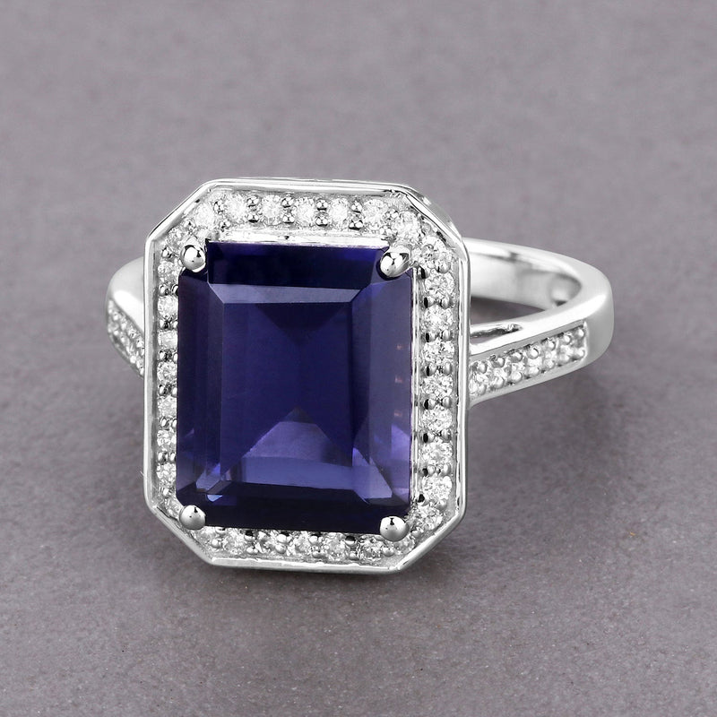 Bids.com 3.70 Carat Genuine Iolite and White Diamond 14K White Gold Ring Rings Light Slate Gray size 6.00,size 7.00,size 8.00,size 9.00