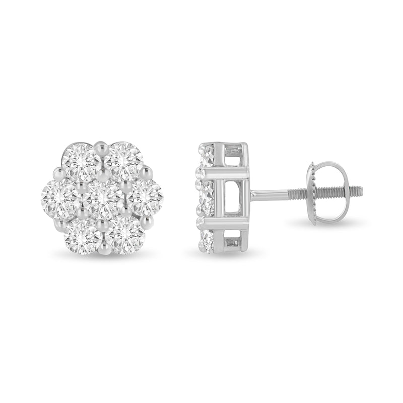 Bids.com 14K White Gold 3 cttw Prong Set Round-Cut Diamond Floral Cluster Stud Earring (I-J Color, SI1-SI2 Clarity) Earrings White Smoke White.Gold / 3