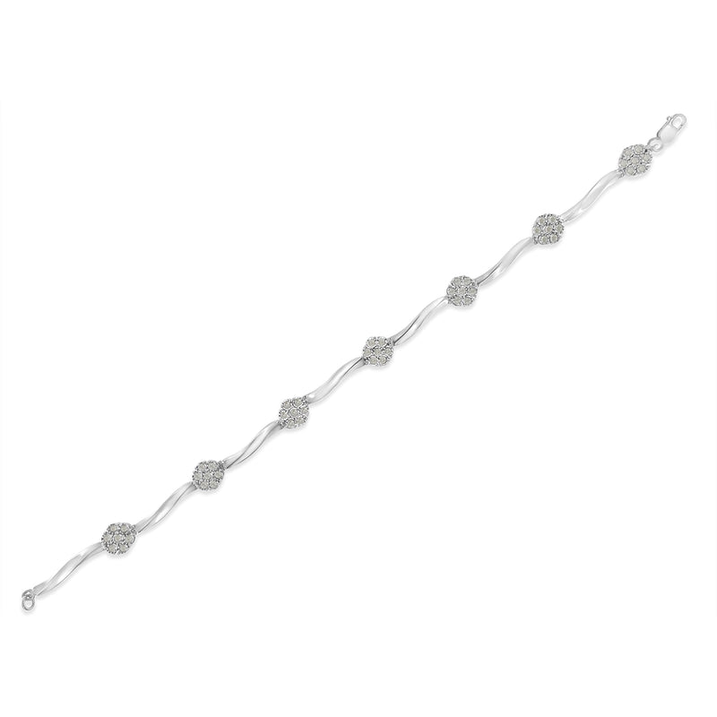 Bids.com .925 Sterling Silver 1.0 Cttw Diamond Cluster Miracle-Set Station & Twisted Bar 7" Tennis Bracelet (H-I Color, I1-I2 Clarity) Bracelets White Smoke White.Sterling Silver / 7