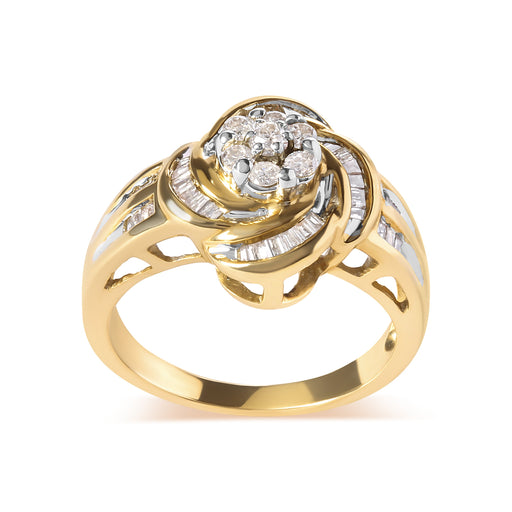 Bids.com 10K Yellow Gold 1/2 Cttw Round and Baguette Diamond Flower Swirl Cocktail Ring (I-J Color, SI2-I1 Clarity) - Ring Size 7 Rings White Smoke 7 / Yellow.Gold