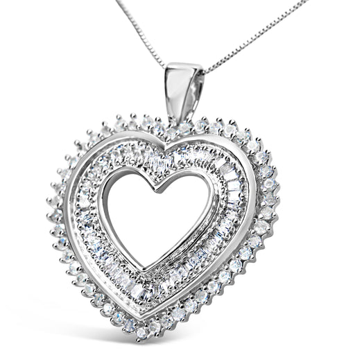 Bids.com .925 Sterling Silver 1.0 Cttw Baguette and Round Diamond  Heart Pendant 18" Necklace (H-I Color, I3 Clarity) Necklaces White Smoke White.Sterling Silver / 18