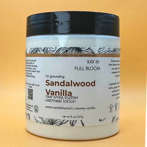 Kay in Full Bloom Sandalwood Vanilla Oatmeal Body Lotion Sandy Brown Jar
