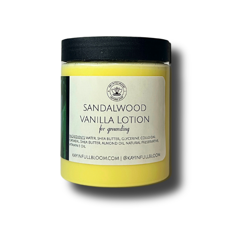 Kay in Full Bloom Sandalwood Vanilla Oatmeal Body Lotion Antique White Jar