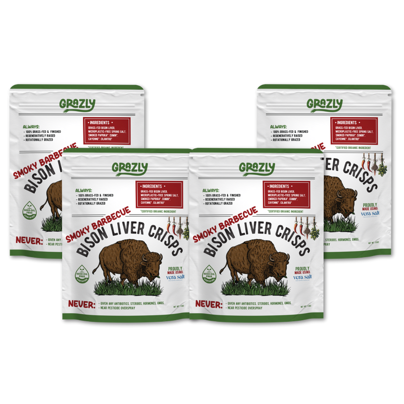 Grazly Bison Liver Crisps - 100% Grass-Fed/Finished Bison Crisp Black Smoky Barbecue / 4 Pack