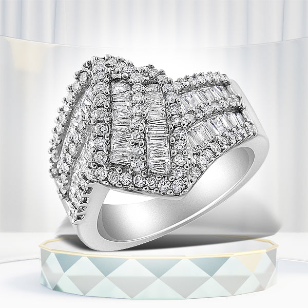 Bids.com 14K White Gold 1-1/2 Cttw Round and Baguette Diamond Bypass Cocktail Ring Band (H-I Color, SI1-SI2 Clarity) - Size 7 Rings Lavender 7 / White.Gold