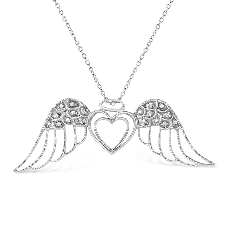 Bids.com .925 Sterling Silver Pave-Set Diamond Accent Angel Wing 18" Double Heart Pendant Necklace (I-J Color, I1-I2 Clarity) Necklaces White Smoke White.Sterling Silver / 18