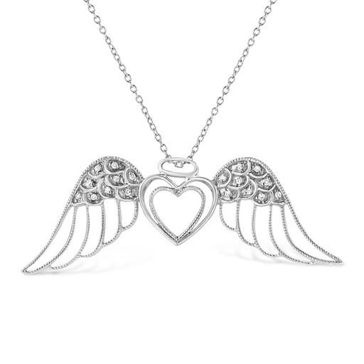 Bids.com .925 Sterling Silver Pave-Set Diamond Accent Angel Wing 18" Double Heart Pendant Necklace (I-J Color, I1-I2 Clarity) Necklaces White Smoke White.Sterling Silver / 18