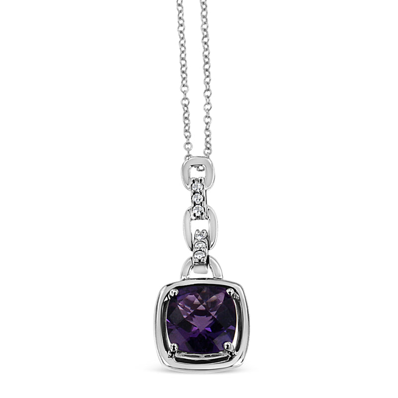 Bids.com .925 Sterling Silver 6x6MM Cushion Shaped Natural Purple Amethyst and Diamond Accented Bale 18" Inch Pendant Necklace (I-J Color, I1-I2 Clarity) Necklaces White Smoke White.Sterling Silver / 18