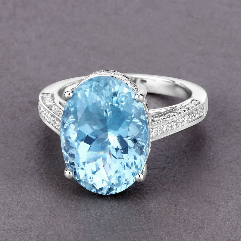 Bids.com 8.84 Carat Genuine Aquamarine and White Diamond 14K White Gold Ring Rings Dim Gray size 6.00,size 7.00,size 8.00